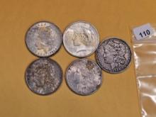 Five mixed Silver Dollars