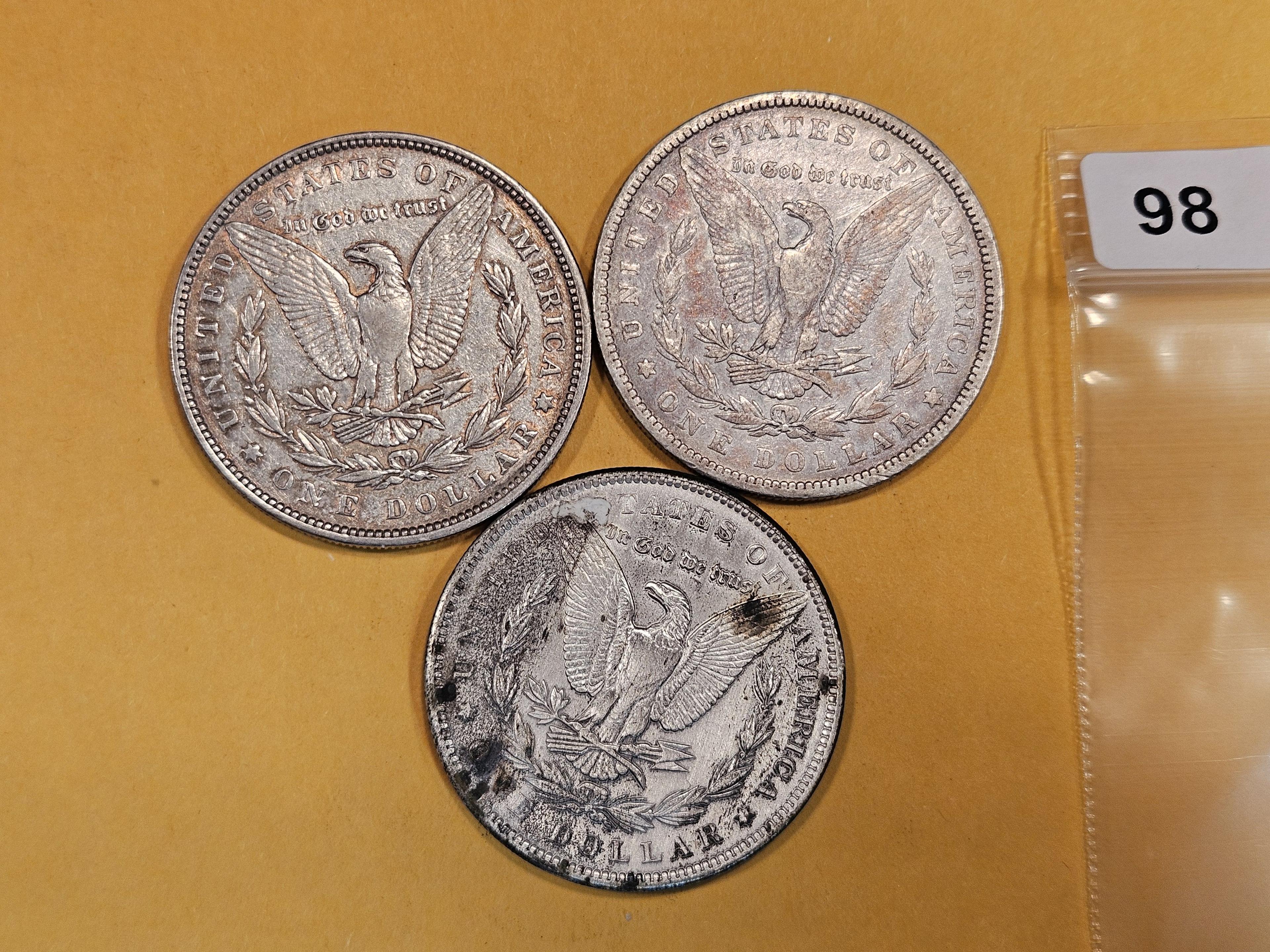 Three mixed Morgan Silver Dollars