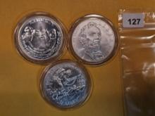 Three GEM Brilliant Uncirculated Commemorative Silver Dollars