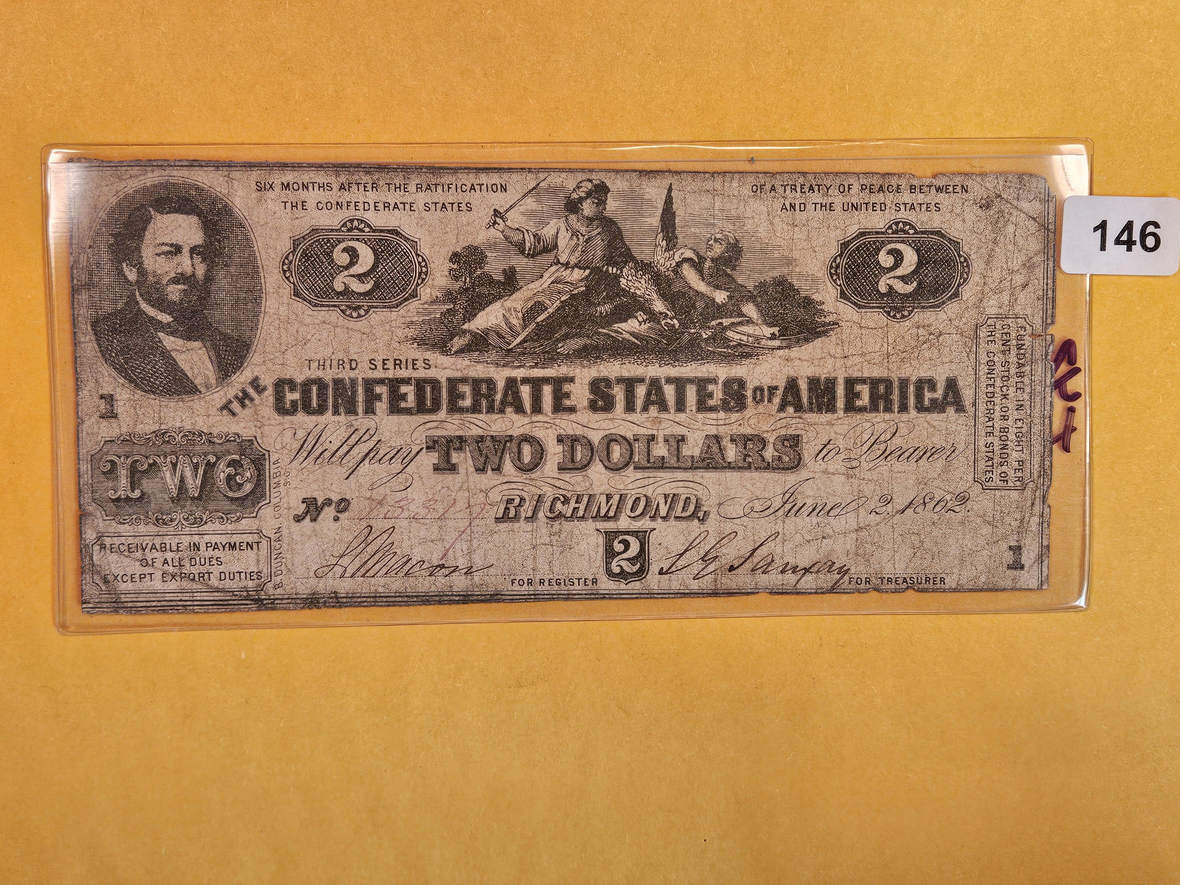 1862 Confederate States of America Two Dollars