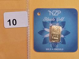 GOLD! Brilliant NZP Gold .1 gram .9999 fine gold bar