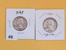 1948 and 1964 silver Washington Quarters