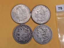 Four mixed Morgan Silver Dollars