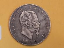 1876R Italy silver 5 lira in Extra Fine