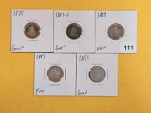 Five Seated Liberty Dimes