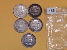 Five Columbian Commemorative silver Half dollars