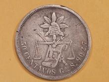 1871Gos Mexico silver 50 centavos in Very Fine