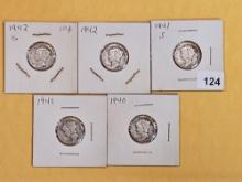 Five Silver Mercury Dimes