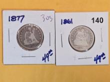 1877 and 1861 Seated Liberty Quarters