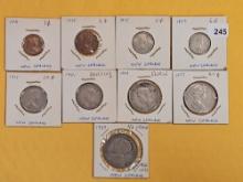 Nine mixed World coins