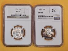 Two GEM NGC graded silver Washington Quarters in Mint State 65