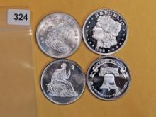 Four 1 Troy Ounce .999 fine silver art rounds