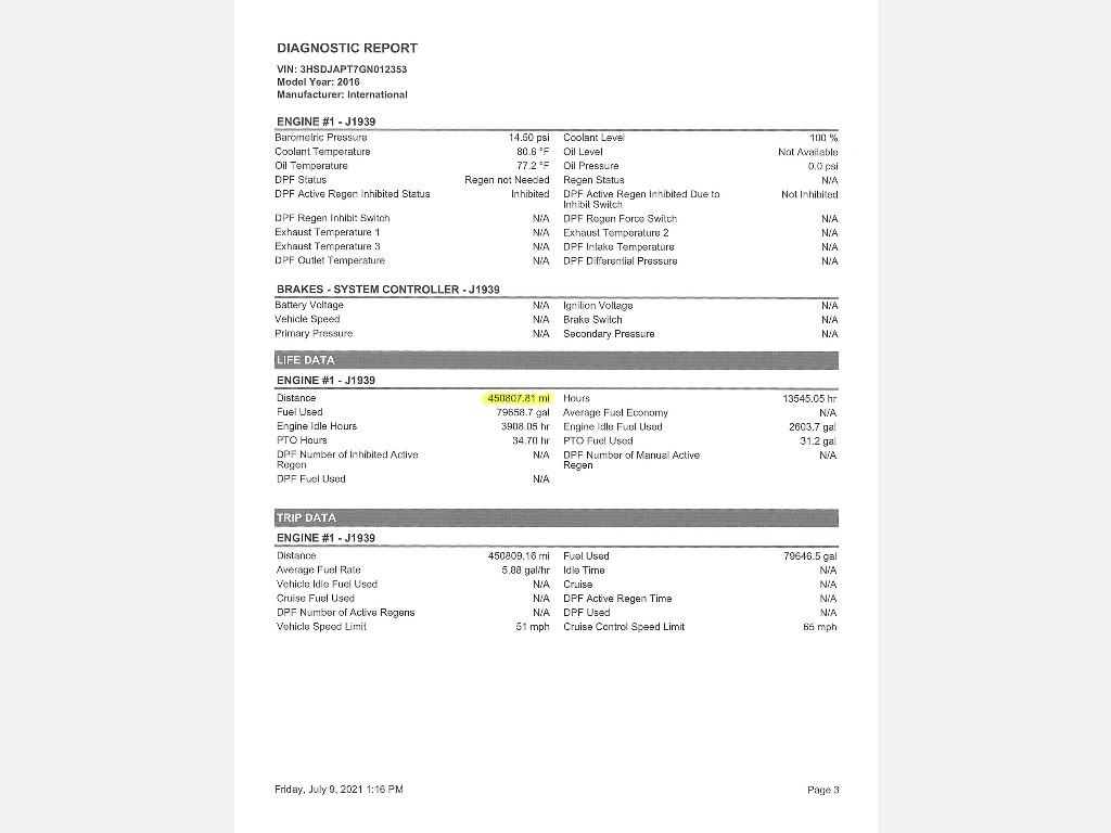 2016 INTERNATIONAL PROSTAR T/A DAYCAB, TITLE DELAY, HESS REPORT ATTACHED, 466,515 MILIES ON ODO, ECM