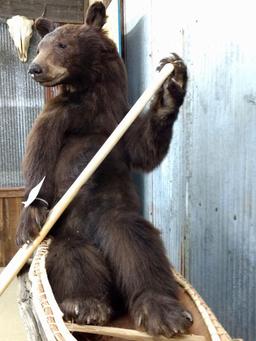 Full Body Mount Juvenile Black Bear In Native American Crafted Birch Bark Canoe