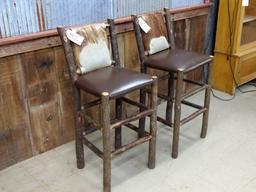 Pair Of Pub Table Height Rustic Wood & Cow Hide Back seats are 30" High 