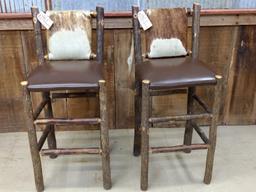 Pair Of Pub Table Height Rustic Wood & Cow Hide Back seats are 30" High 