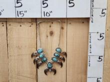 Navajo Sterling Silver Turquoise & Black Bear Claw Squash Blossom Necklace