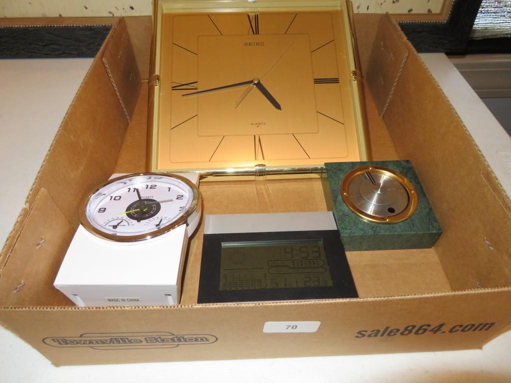 Box lot of clocks and decor