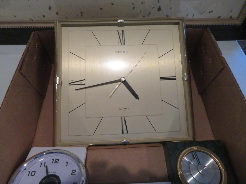 Box lot of clocks and decor