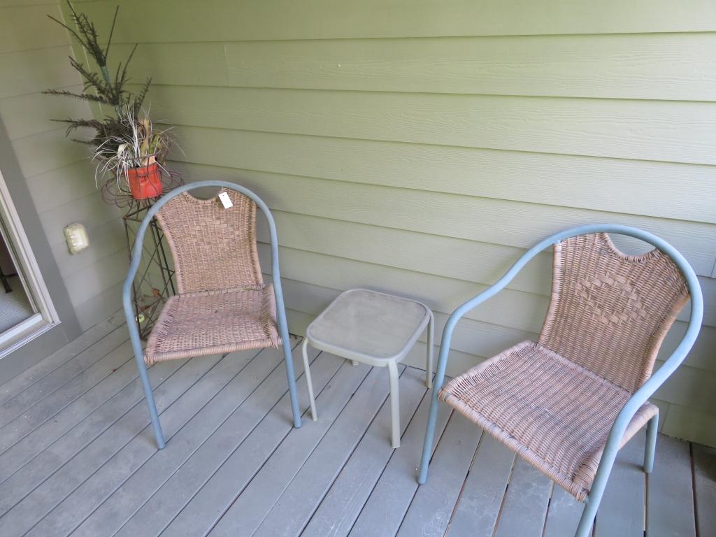 2 Outside chairs, table and decor