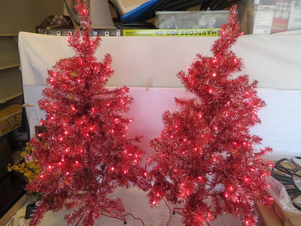 2 Pinkish Red 4 ft Christmas Trees w/ Lights