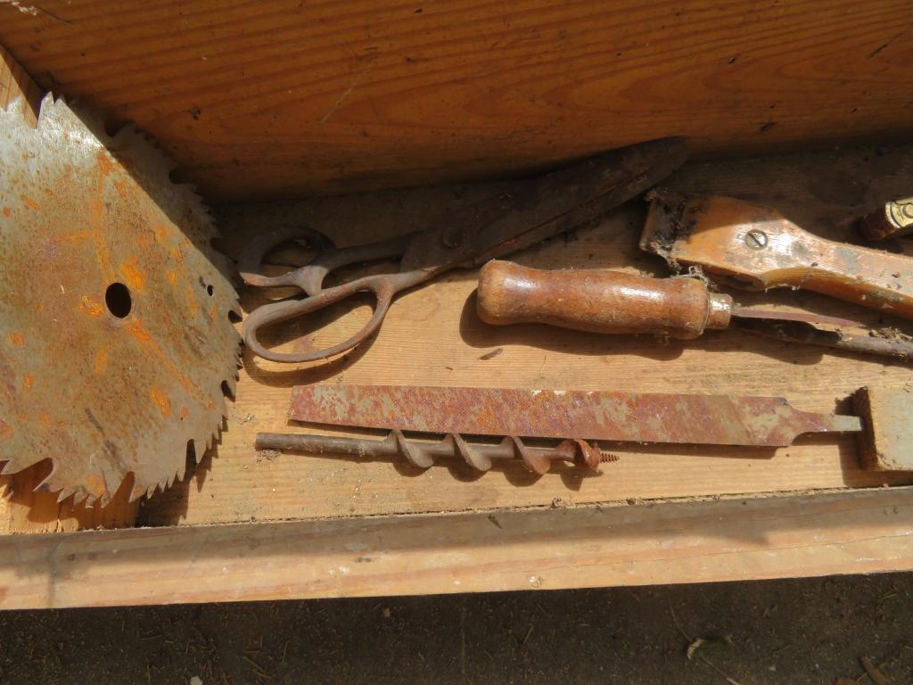 Wood carpenters tool box and contents