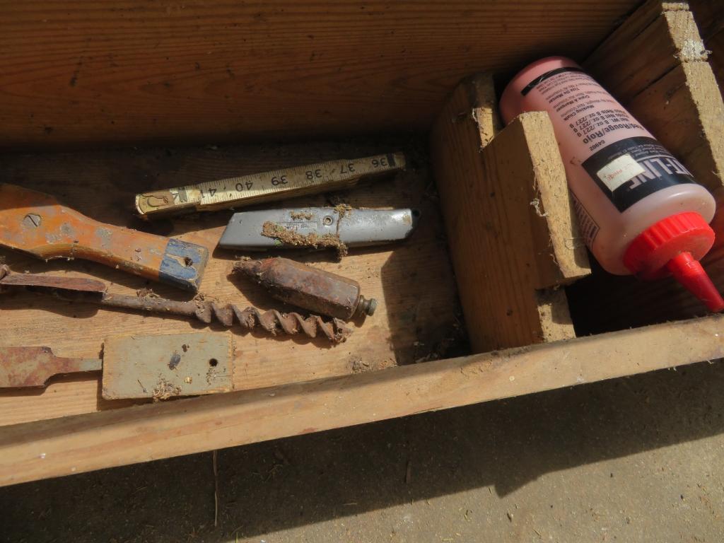 Wood carpenters tool box and contents