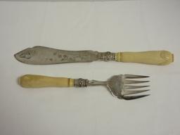 Pair Early English Sterling Fish Servers (Fork & Knife) w/ Pre Ban Ivory Handles