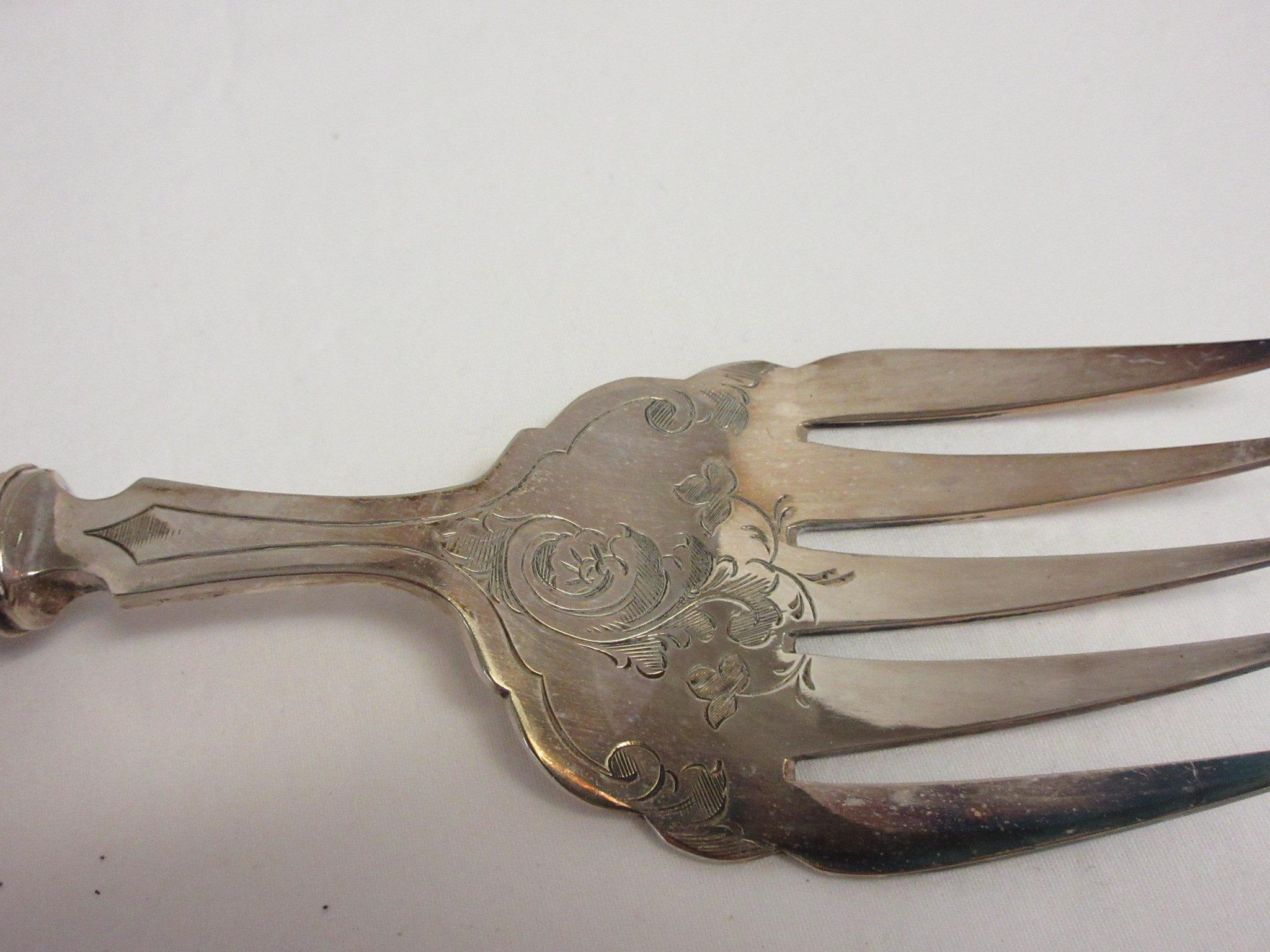Pair Early English Sterling Fish Servers (Fork & Knife) w/ Pre Ban Ivory Handles