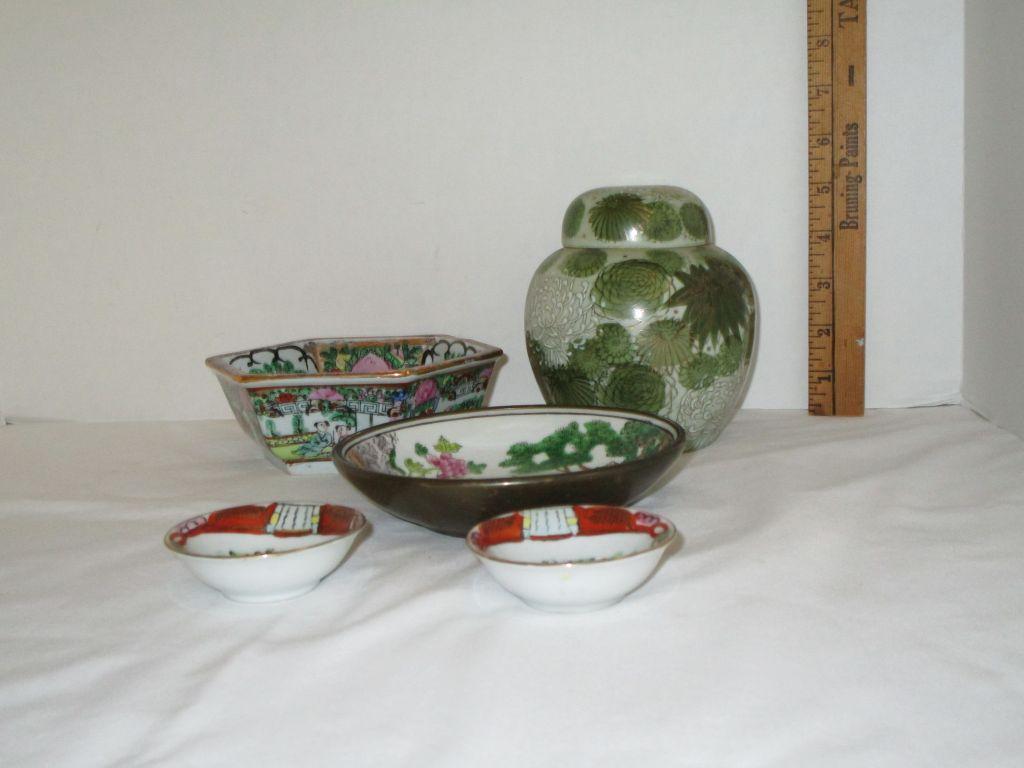 Lot - Assorted Asian Dishes - Small Ginger Jar w/ Lid, Famille Rose Bowls & Other