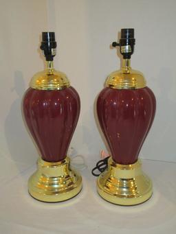 Pair - Burgundy Lamps w/ Brass Tone Bases