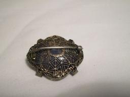 Vintage Sterling Brooch Beautiful Filigree Setting w/ Polished Blue Moon Stone w/ 4 Sapphires