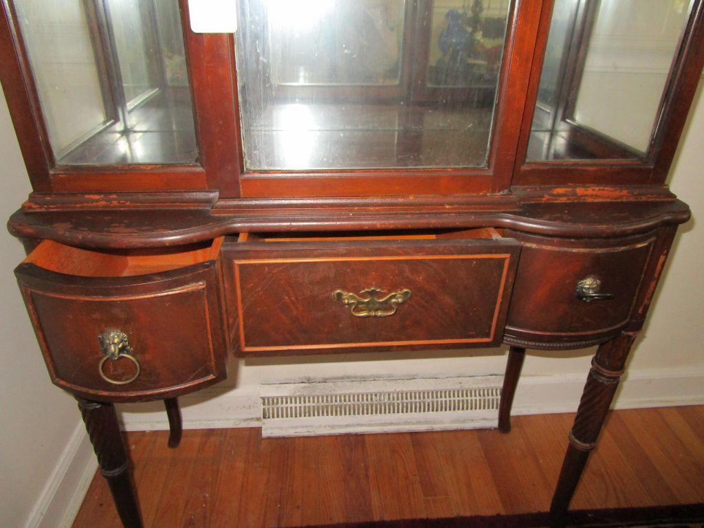 Mahogany Curio Cabinet - 2 Glass Shelves, Mirrored Back. 3 Drawers