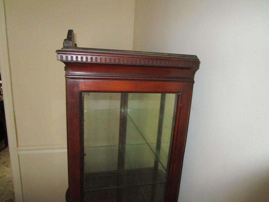 Mahogany Curio Cabinet - 2 Glass Shelves, Mirrored Back. 3 Drawers
