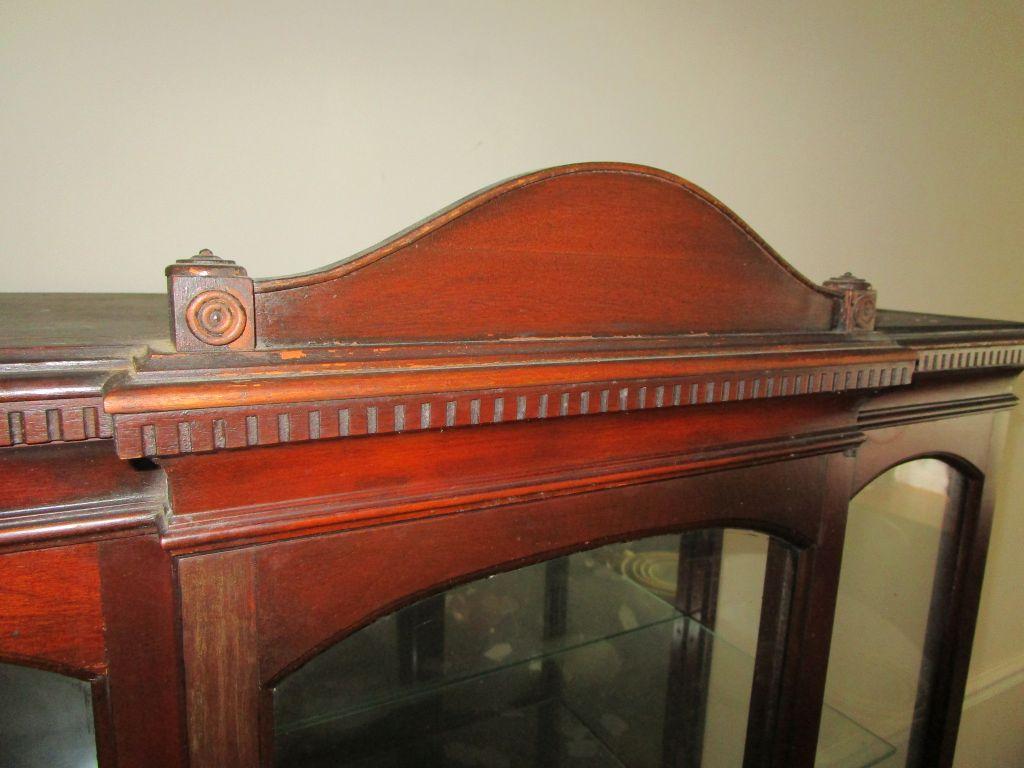 Mahogany Curio Cabinet - 2 Glass Shelves, Mirrored Back. 3 Drawers