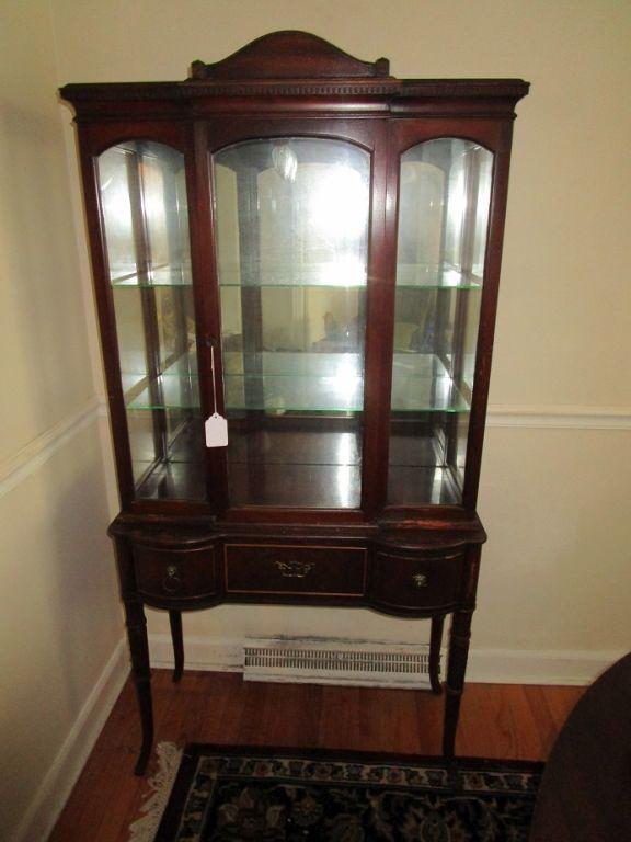 Mahogany Curio Cabinet - 2 Glass Shelves, Mirrored Back. 3 Drawers