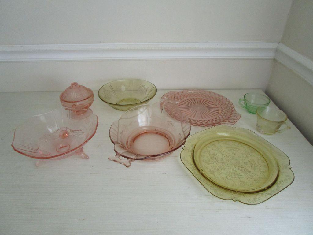 Assorted Depression Glass - Bowls, Plates, Cups - Green, Pink & Marigold