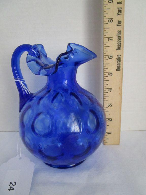 Lovely Vintage Blue Coin Dot Art Glass Pitcher