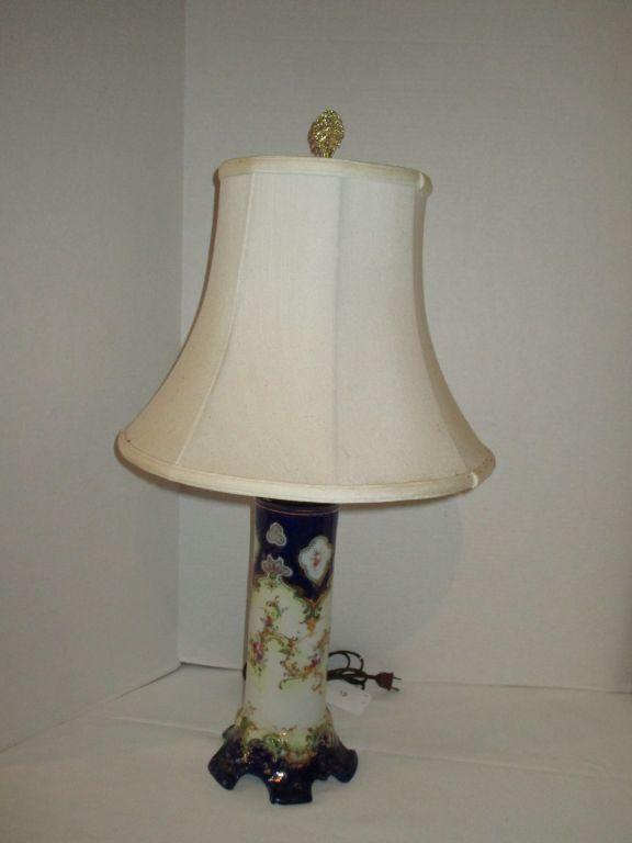 Vintage Ceramic Lamp Hand Painted Cream & Cobalt Blue - Nippon Style