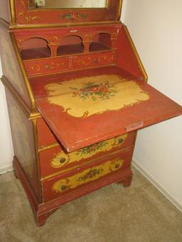 Petite Painted Secretary - Romantic Piece w/ Drop Front, 3 Drawers & Mirrored Door