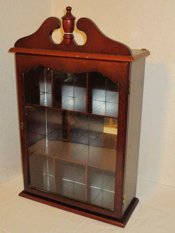 Mahogany Finish Wall Hung Curio Cabinet w/ Mirrored Back & Glass Door