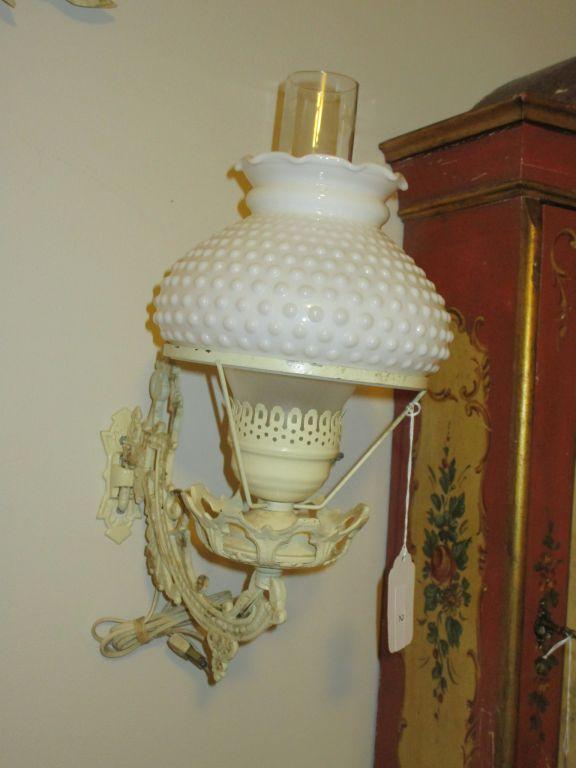 Painted Cast Iron Wall Lamp Base Converted to Electric - Hobnail Milk Glass  Shade