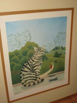 Pair - Coordinating Cat Related Prints in Gold Tone Frames/Double Matted