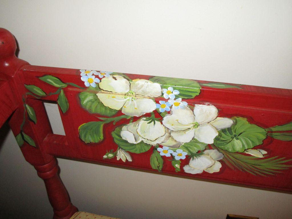 Folk Art Style Hand Painted Bench w/ Upholstered Cushion