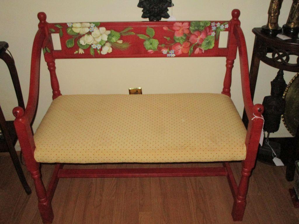 Folk Art Style Hand Painted Bench w/ Upholstered Cushion