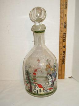 13" Tall Hand Blown Glass Decanter of Horseman w/ Bugle - small chunk on rim, but great piece