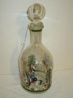 13" Tall Hand Blown Glass Decanter of Horseman w/ Bugle - small chunk on rim, but great piece