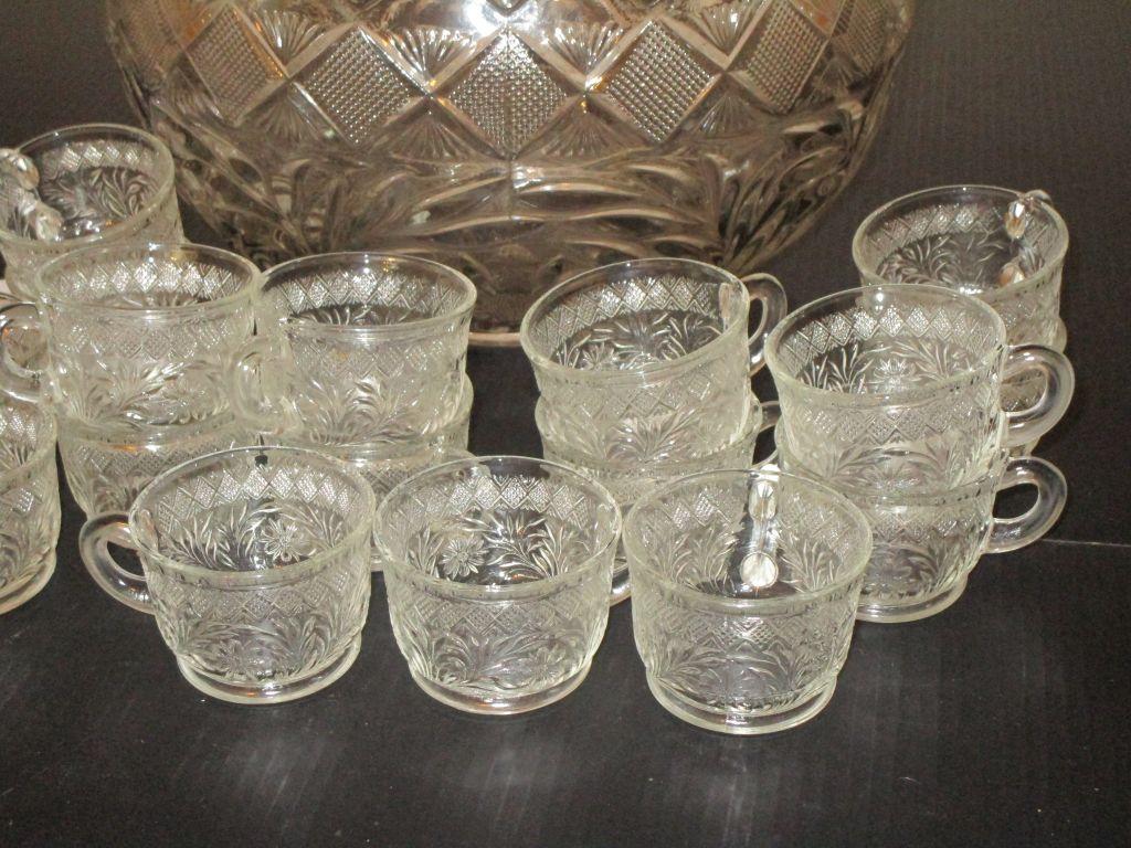 Vintage Pressed Glass Punch Bowl & 16 Cups