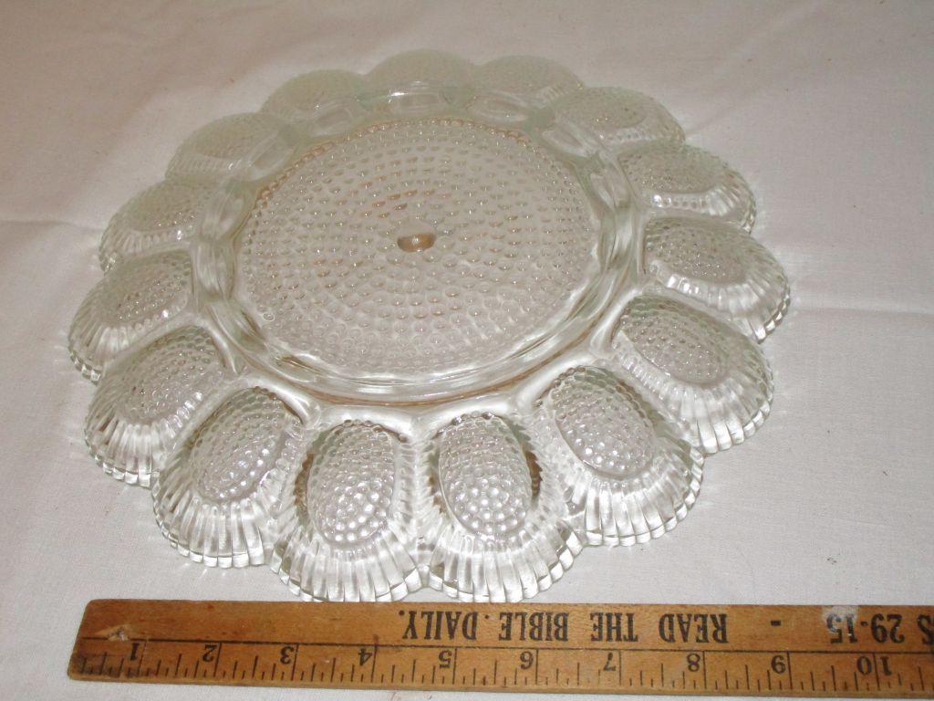 Lot - Pressed Glass Deviled Egg Plate & Fire King Divided Dish