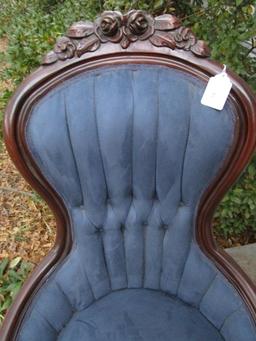 Ladies Victorian Era Parlor Chair -Mahogany w/ Blue Upholstered Tufted Rose Carved Back